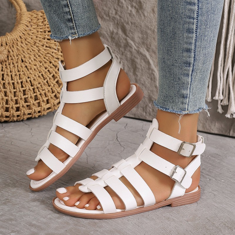 New Summer 2024 simple and casual Roman sandals with toe-exposed buckle flat sandals for women, 42-43 full figure