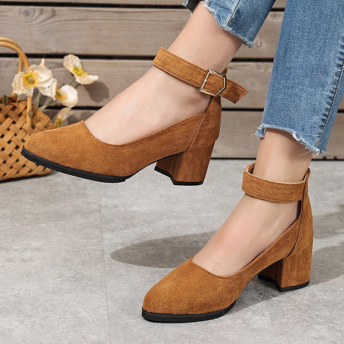 Plus-size single shoes for women, Spring 2025 new high heels, Korean-style round toe suede buckle, bold and fashionable, shallow toe women's shoes Application Scenario