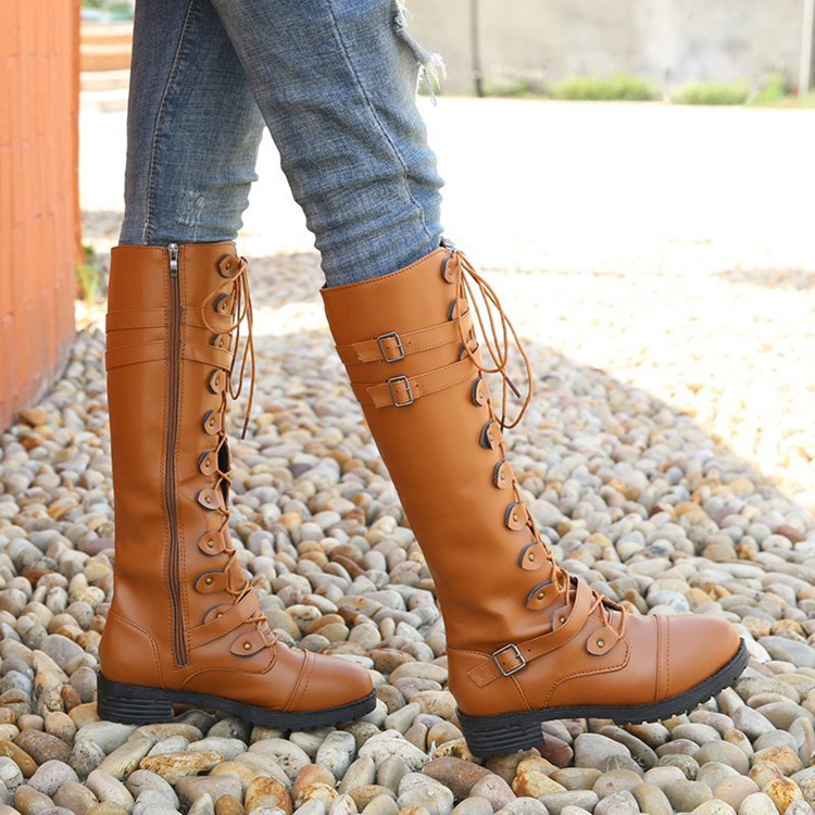 2020 new round toe high-top knight boots with belt opening decoration, low-heeled women's leather boots, large size 40-43 in stock details Picture