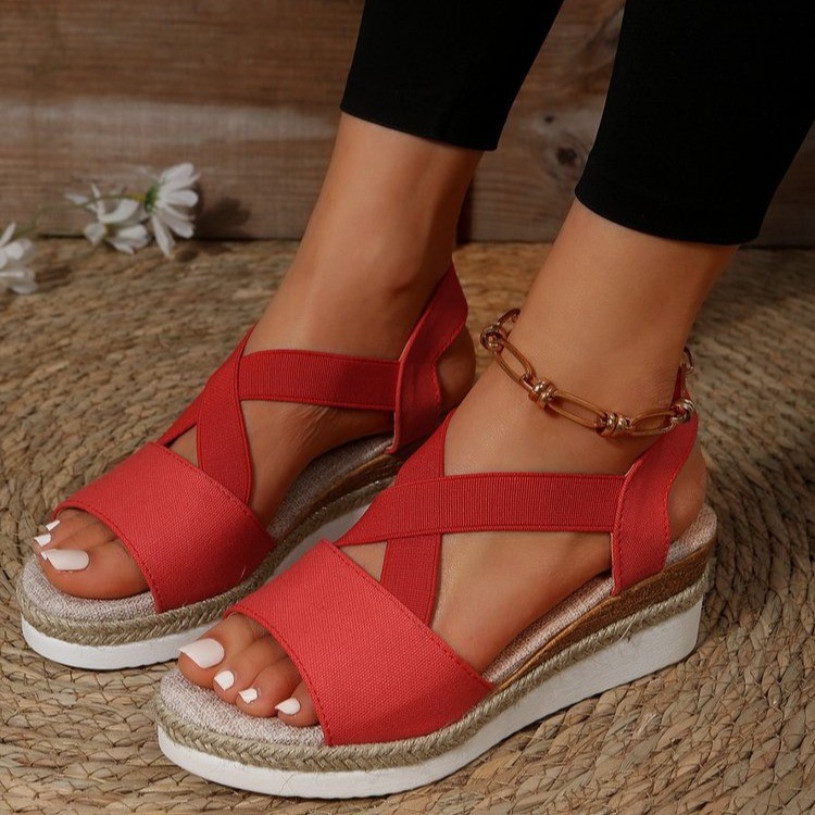Cross-border large-sized sandals for women, Summer 2024 new flat wedge heel fish-mouth casual women's sandals, wish, Amazon details Picture