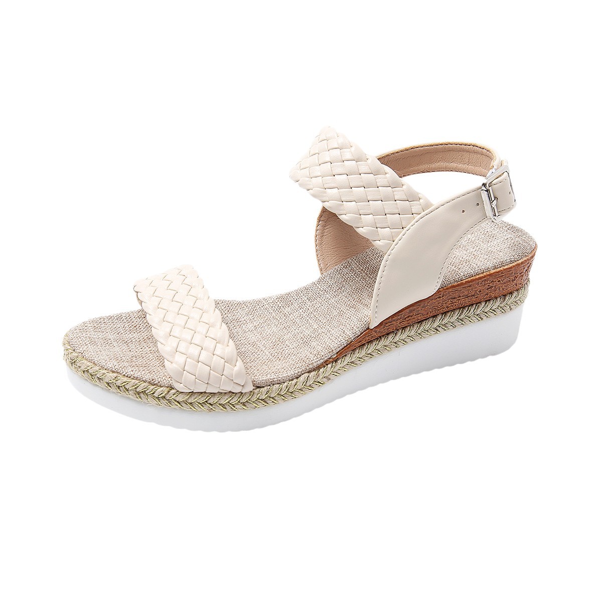 Large-sized cross-border wedge heel sandals for women in the summer of 2025, new fish-mouth woven strap thick-soled buckle sandals Item Picture