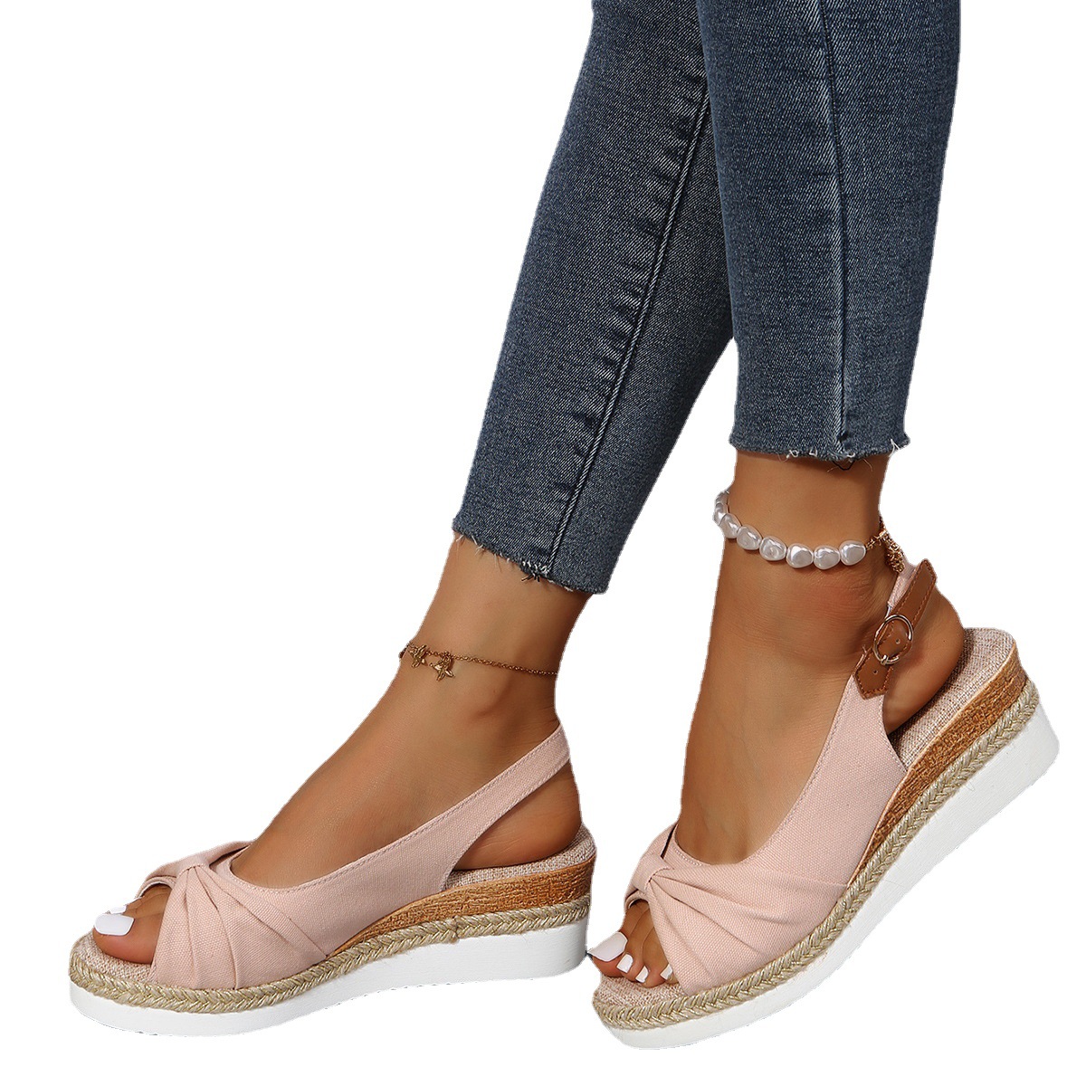 Aliexpress Spring/Summer 2023 export large size 42 thick-soled hemp rope bow one-shoulder buckle sandals, wedge heel sandals for women Item Picture