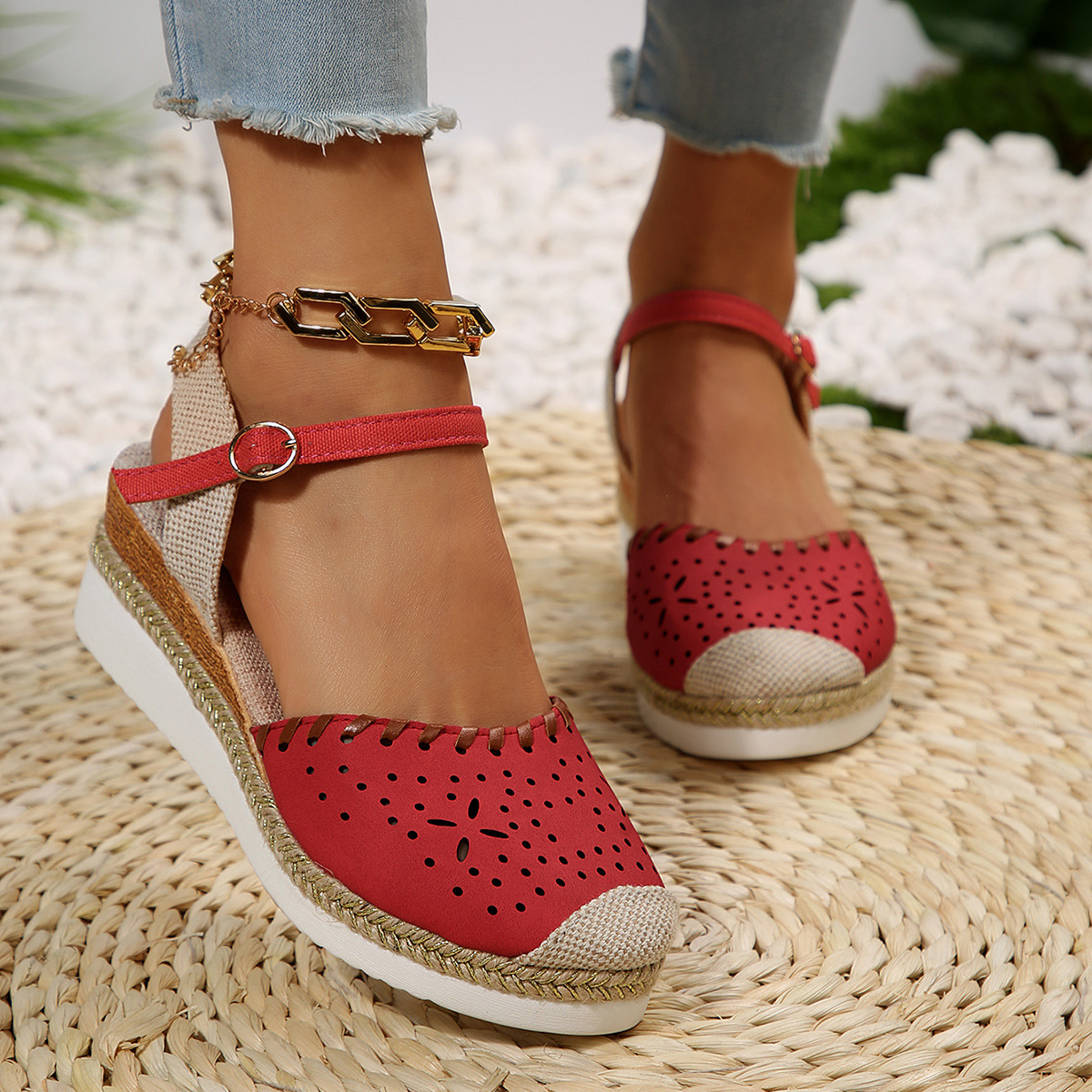 Cross-border foreign trade women's 2025 summer new thick-soled wedge heel casual one-shoulder buckle Roman sandals details Picture