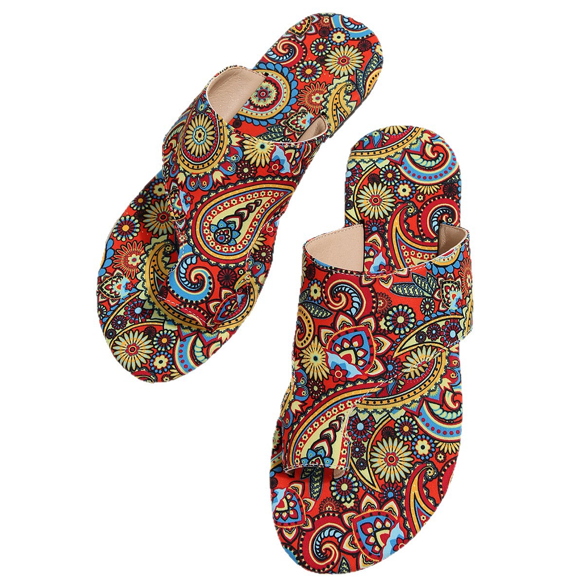 The new summer style of large-sized women's slippers for export in 2025, featuring flat and printed flip-toe Bohemian ethnic style, is a cool choice for women Item Picture