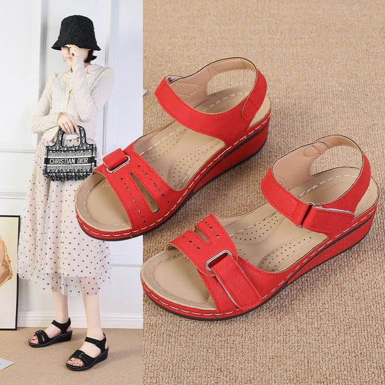 New 2025 wedge heel sandals, casual fish-mouth sandals, Amazon Roman-style sandals, women's outerwear Velcro details Picture
