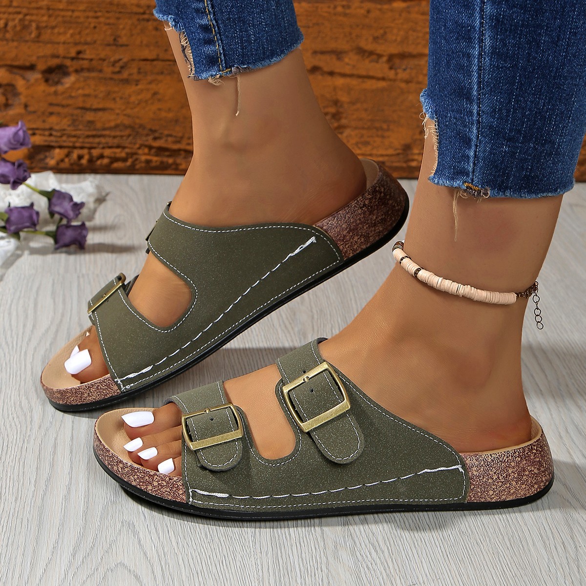 Couple's flip-flops, retro belt buckle thick-soled Birken slippers for women, 2025 summer outdoor casual cork cool slippers Specification drawing