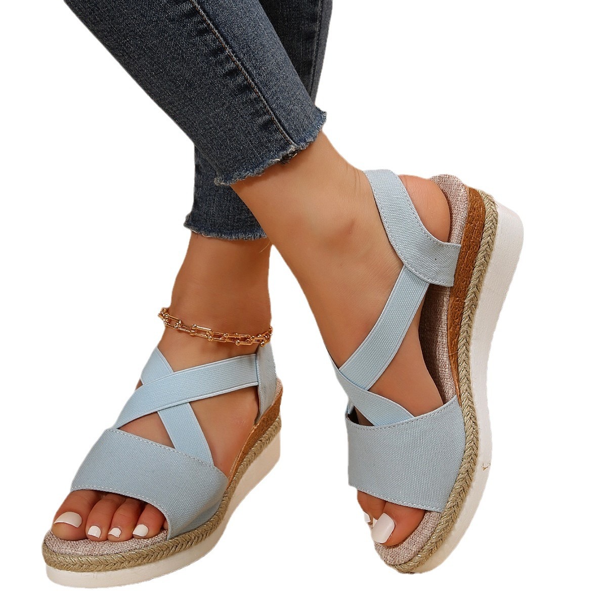 Cross-border large-sized sandals for women, Summer 2024 new flat wedge heel fish-mouth casual women's sandals, wish, Amazon Item Picture