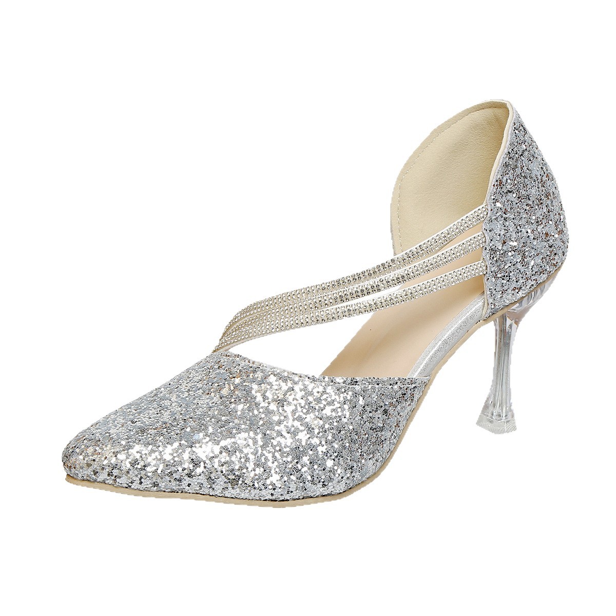 Water diamond pointed-toe high heels for women, slender heels, 2025 new style wedding shoes, bride shoes, hollow, sexy, shallow, elegant single shoes Item Picture