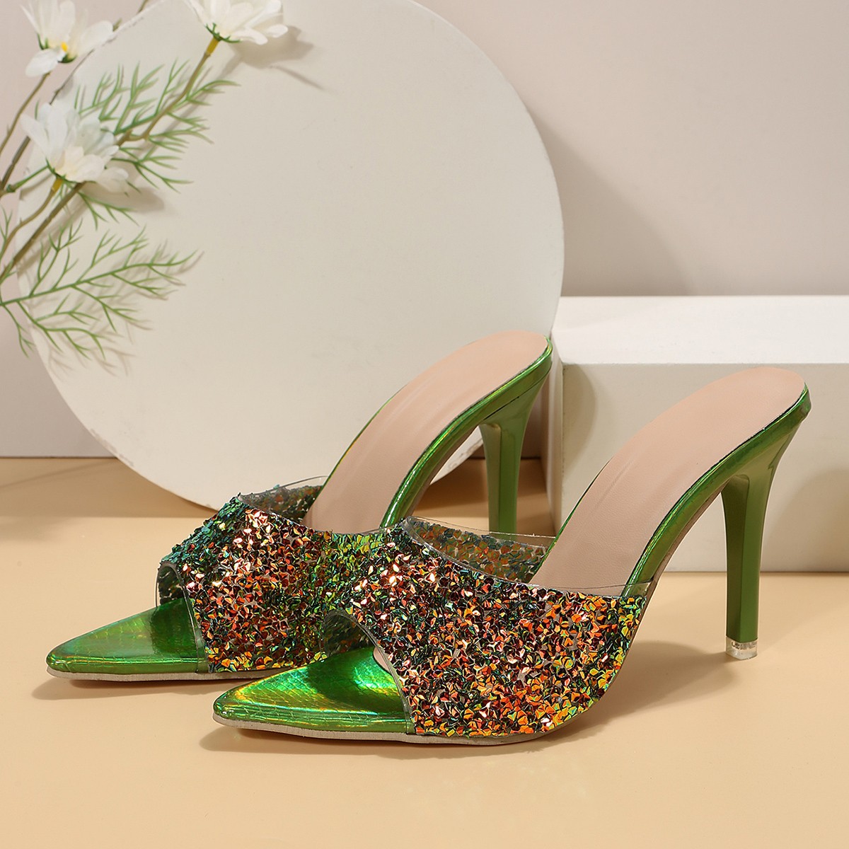 2024 Summer new European and American style sequined high-heeled sandals for women, one-shoulder flip-flops, open-toe skinny high-heeled fashion sandals Application Scenario