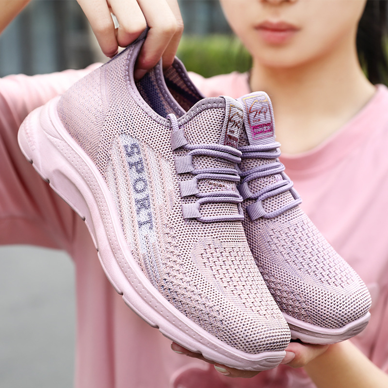 Women's solid color versatile sports and casual shoes, cross-border trade women's shoes, soft-soled lightweight polyurethane flying woven single shoes full figure
