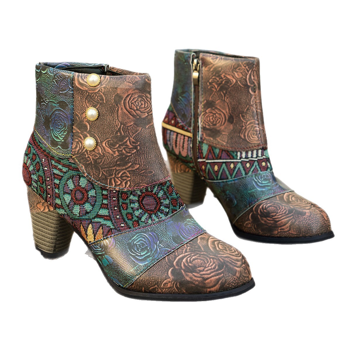 Autumn and winter ethnic style fashionable high-heeled women's boots, short-top fashion boots, side zipper retro women's leather boots in stock Item Picture