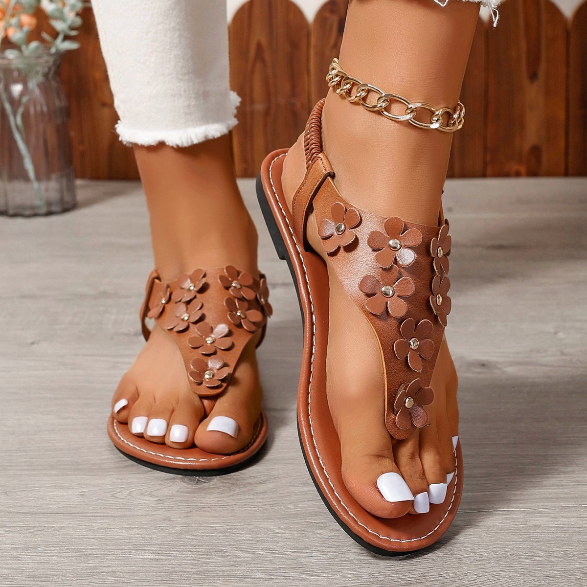 wish Summer New European and American style round-toed women's toe elastic flat side open large size fashion sandals 43 Specification drawing