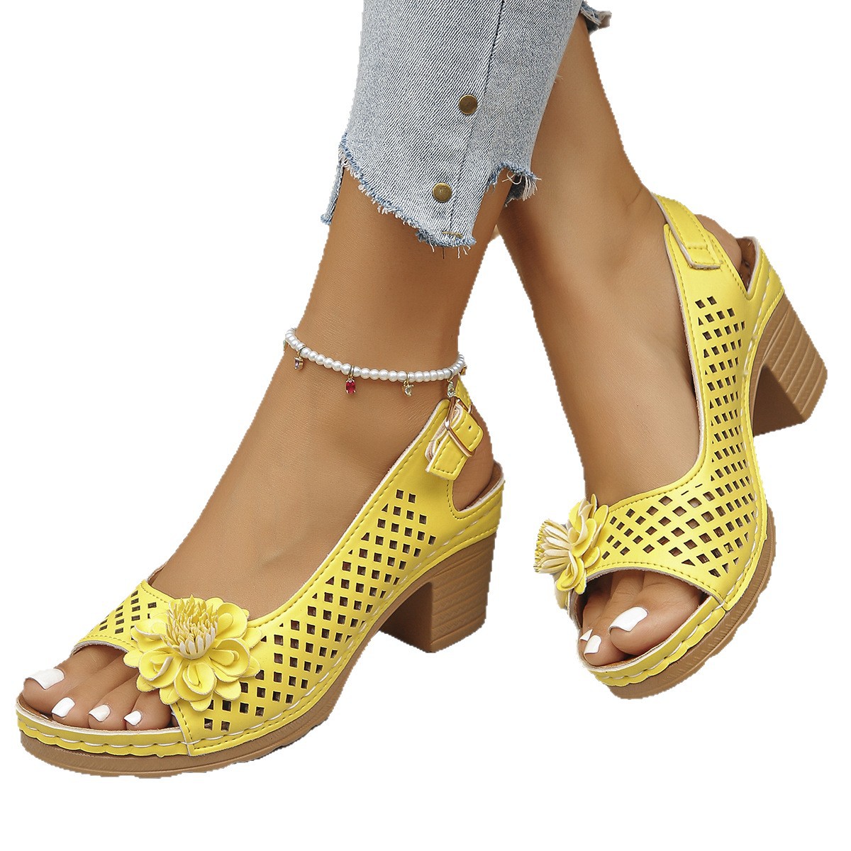 wish AliExpress's new flower-patterned sandals for women in summer 2025, featuring chunky heels, high heels and fish-mouth buckle sandals for women Item Picture
