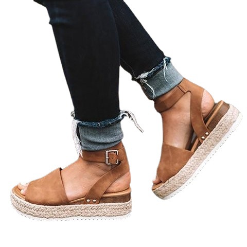 wish Amazon Summer New European and American thick-soled sandals Leopard print woven hemp rope thick-soled women's sandals 40-43 Item Picture