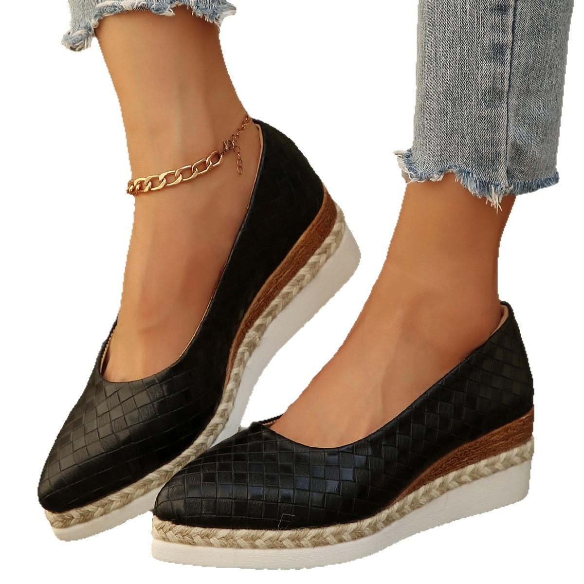 Cross-border European and American large-sized spring and autumn new style hemp rope sponge sole shallow opening breathable pu export head women's single shoe large size Item Picture