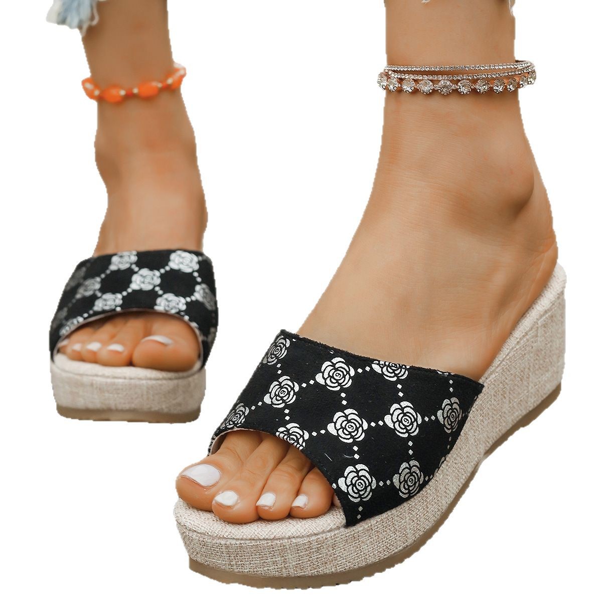 Large-sized export wedge heel slippers for women to wear outside, printed thick-soled fish-mouth women's cool slippers with suede for fashionable women to wear outside Item Picture
