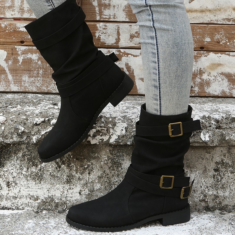 2024 Autumn/Winter new export plus-size women's casual mid-calf boots with round heads and flip-top feet, square root leather boots, wish, Amazon Application Scenario