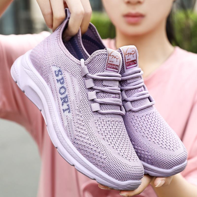 Women's solid color versatile sports and casual shoes, cross-border trade women's shoes, soft-soled lightweight polyurethane flying woven single shoes details Picture