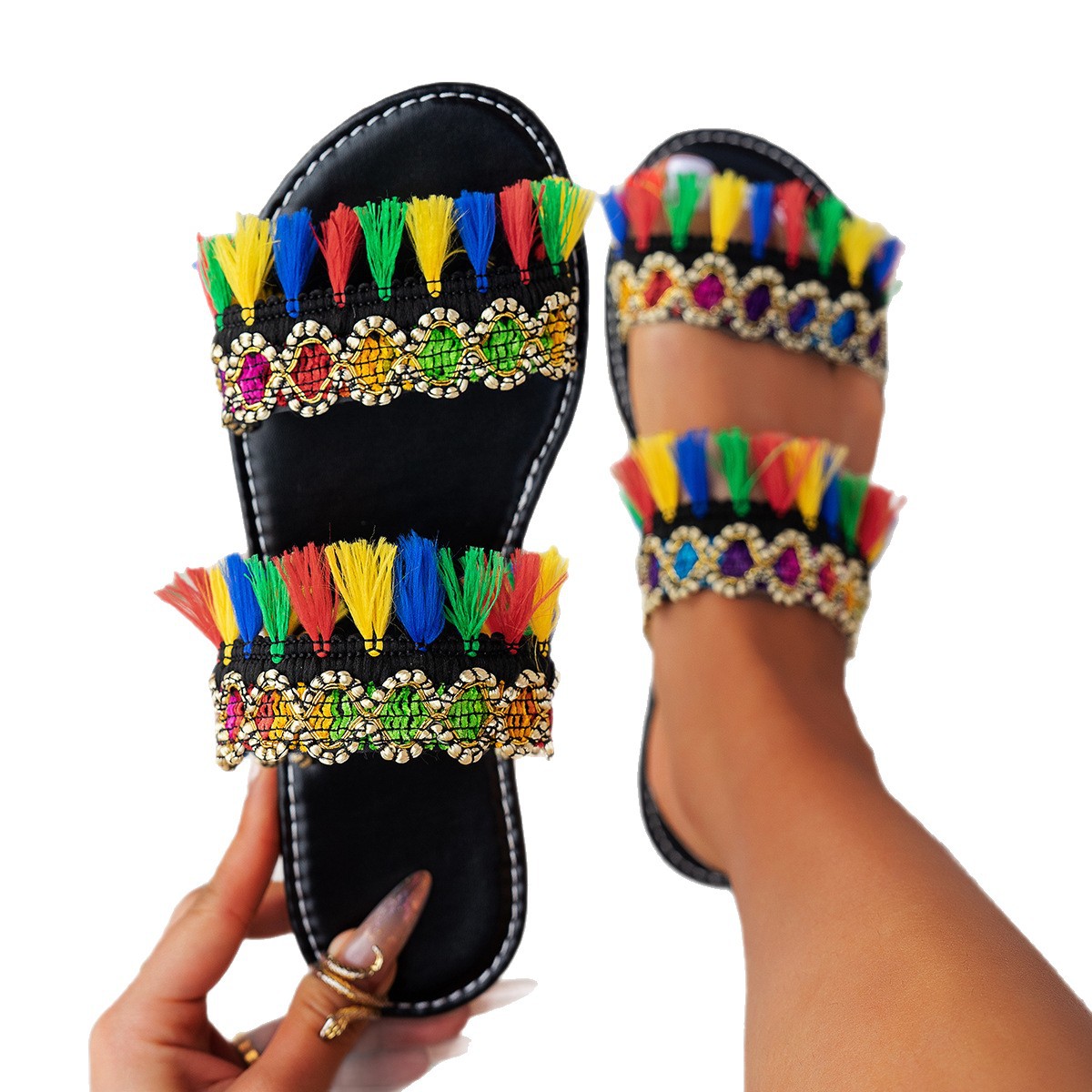 New summer 2025 foreign trade women's shoes and slippers, large-sized Amazon flat-bottomed fringed flip-flops for women from Europe and America Item Picture