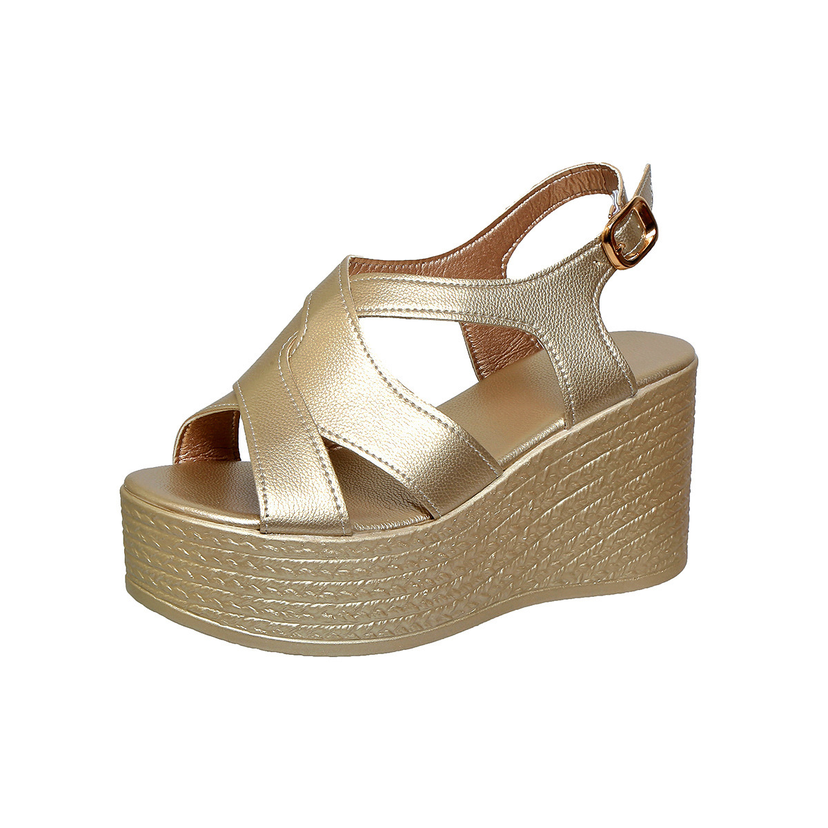 Spring and summer new European-style large-sized hollowed-out fish-mouth wedge sandals for women, golden glossy buckle thick-soled women's shoes full figure