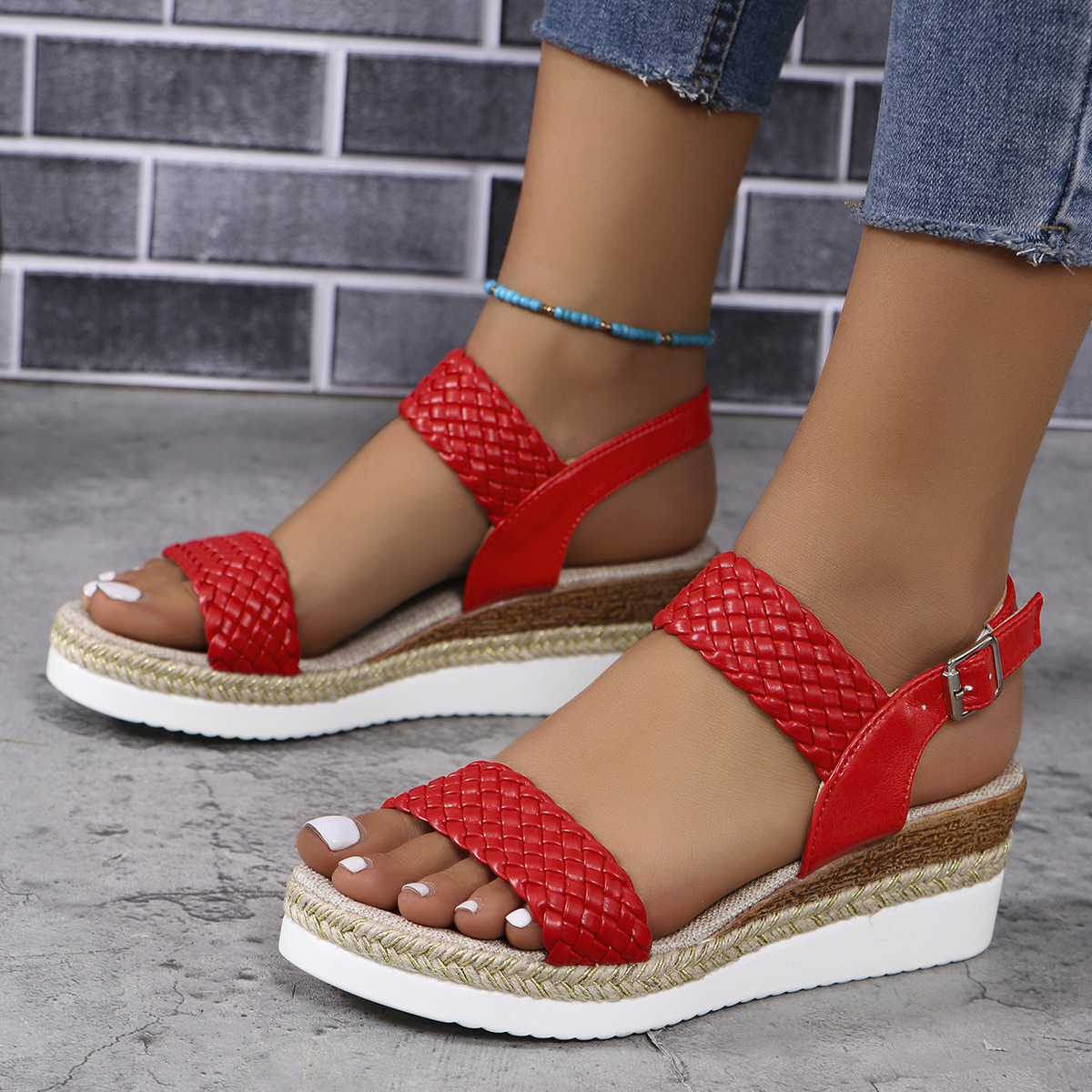 European and American export large-sized straw-woven linen rope wedge heel lightweight sandals for women, cross-border thick-soled one-shoulder buckle beach flip-flops Specification drawing
