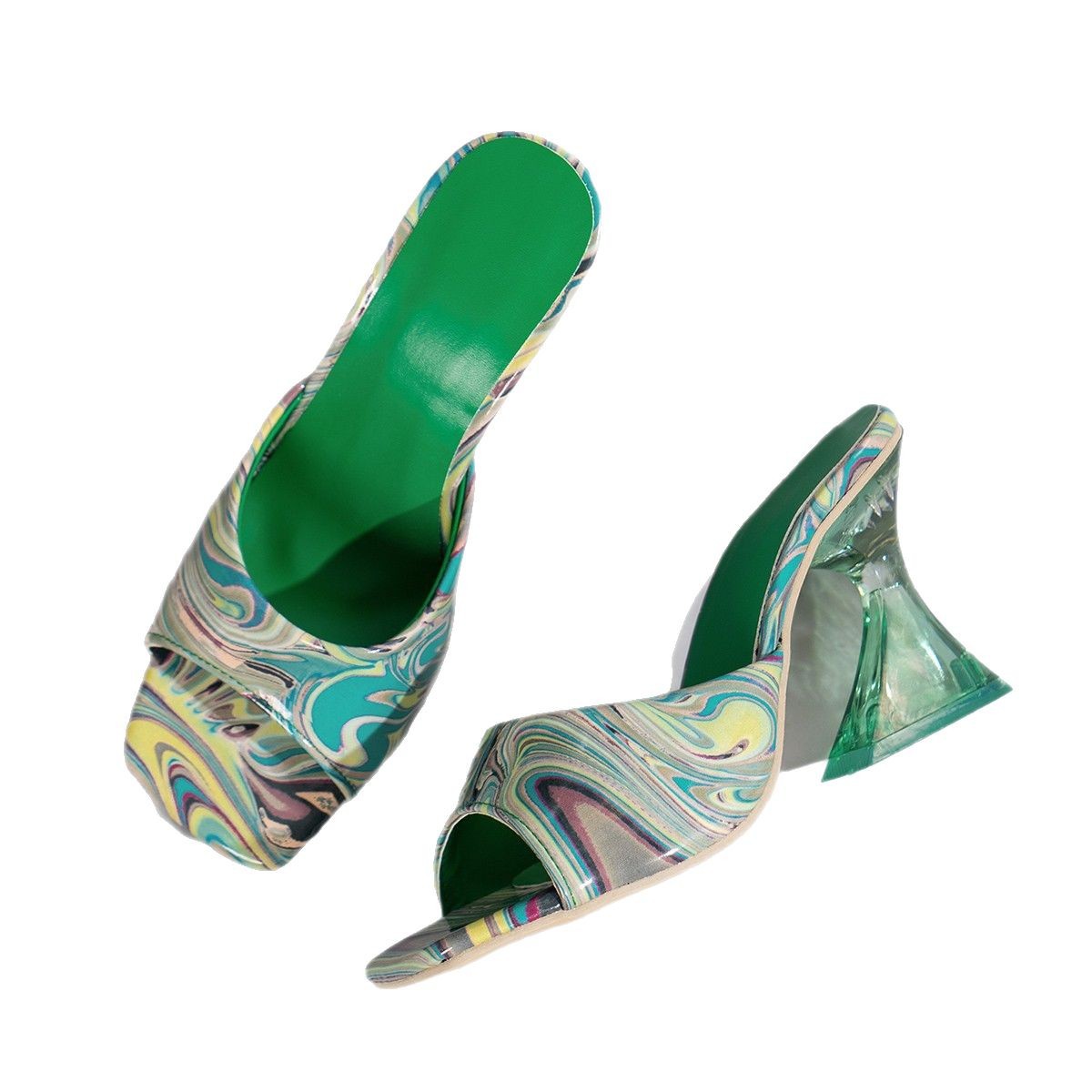 Summer new large-sized women's high heels with a European and American style, featuring graffiti, colorful crystal and square-toed heels Item Picture
