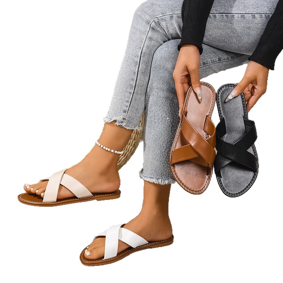 European and American export large-sized cross-strap flat sandals for women, retro style, wide strip open-toe beach sandals sandal Item Picture