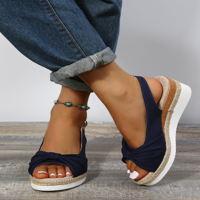 Aliexpress Spring/Summer 2023 export large size 42 thick-soled hemp rope bow one-shoulder buckle sandals, wedge heel sandals for women Application Scenario