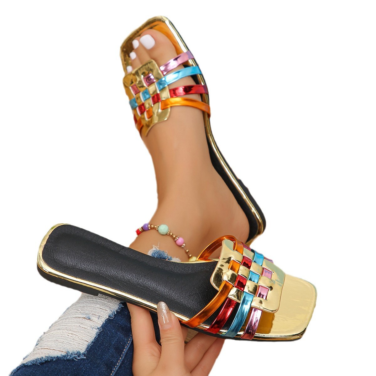 Open-toe fashionable and versatile flat one-piece shoes 2024 new large-sized export colorful woven casual flat slippers for women Item Picture