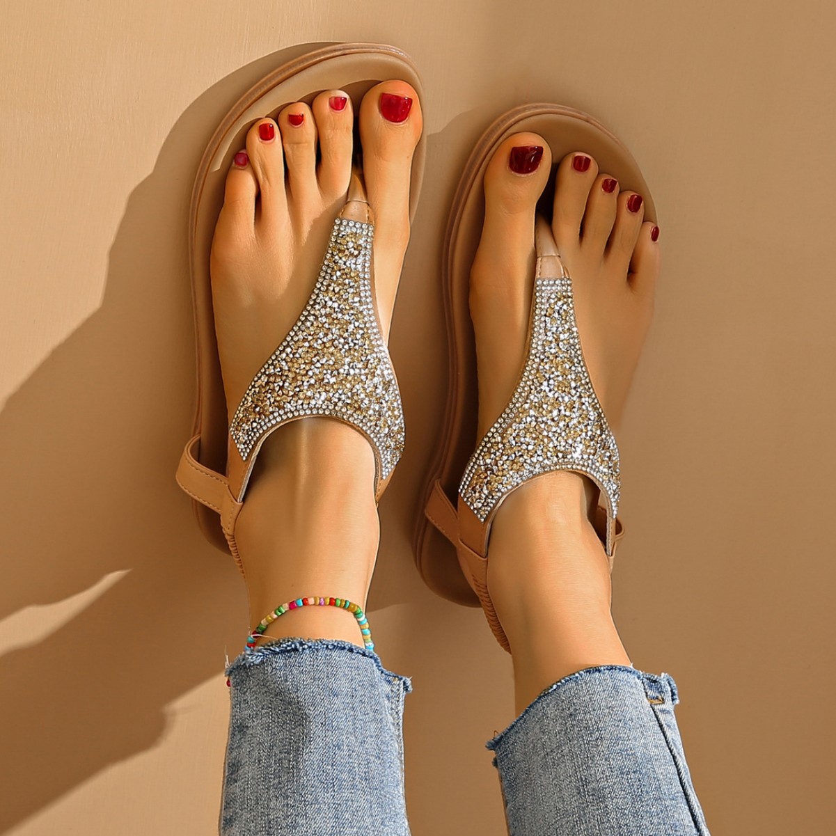 Bohemian water diamond sandals for women 2025 Summer new style flat toe elastic band fashionable beach sandals for women details Picture