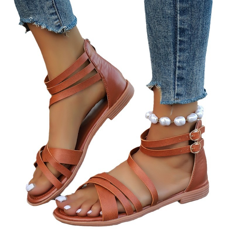 Roman thin-band cross sandals for women's flat, fairy-like summer style, simple, low-heeled, retro and versatile women's shoes Item Picture