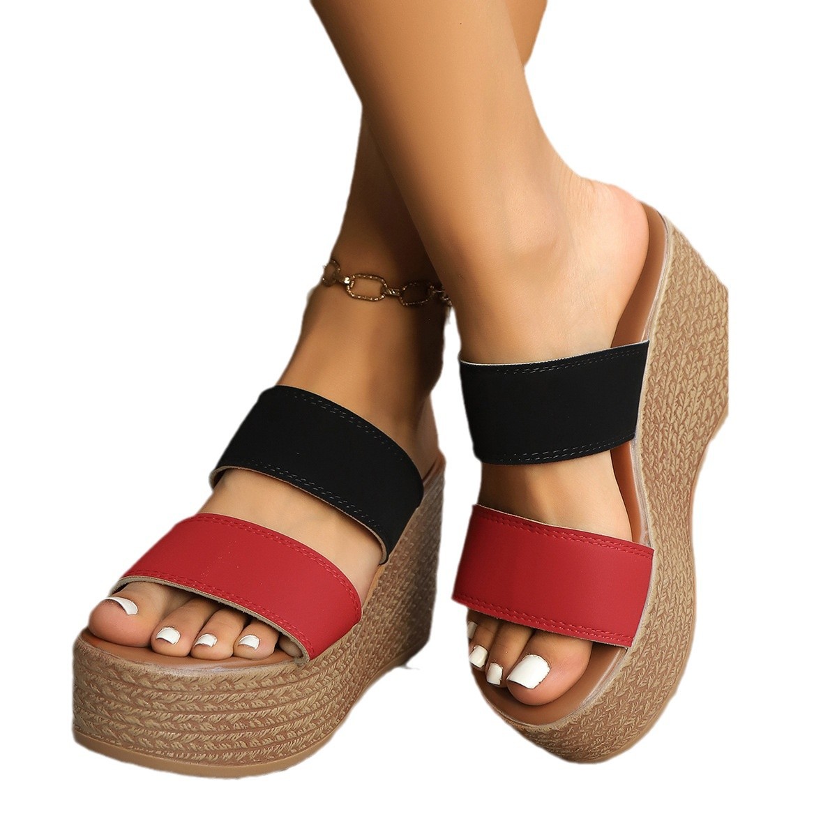 Cross-border trade large size 2025 new style wedge heel women's sandals, slippers, muffin, thick-soled, round-toe, casual, color-blocked flip-flops batch Item Picture