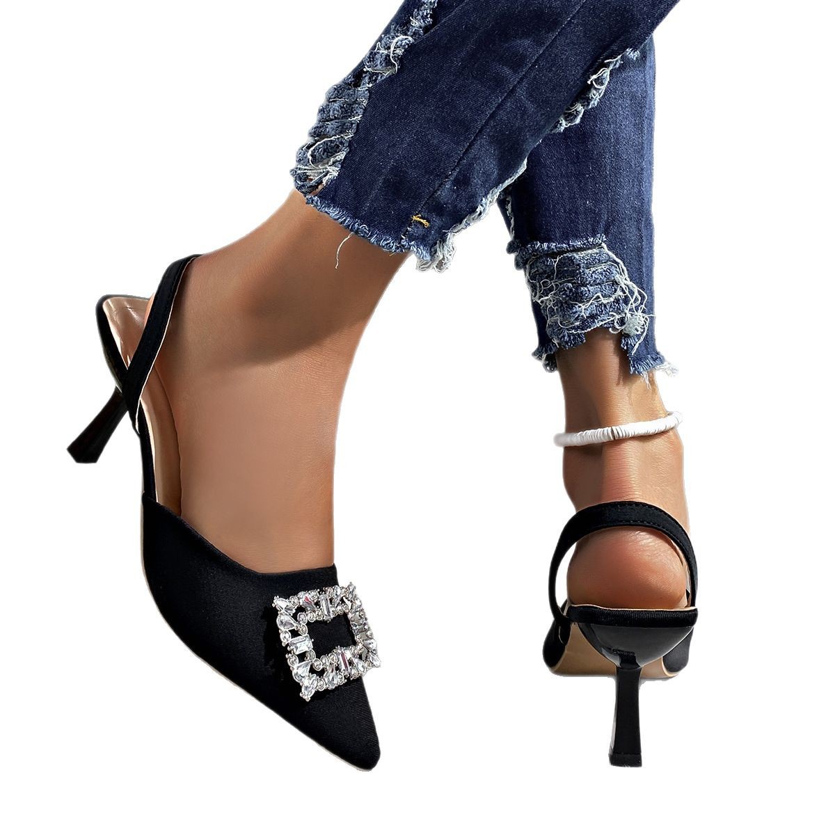 2022 autumn women's shoes, pointed-toe high-heeled metal buckle decorated, elegant fashion, thin-heeled hollow sandals in stock Item Picture