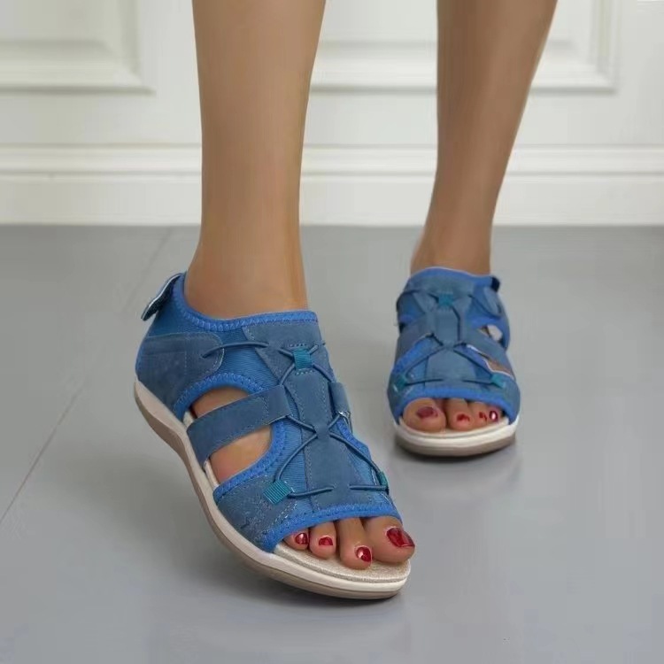 2023 New style Roman thick-soled European and American sandals, round head Velcro retro one-piece large size beach solid color sandals for women details Picture