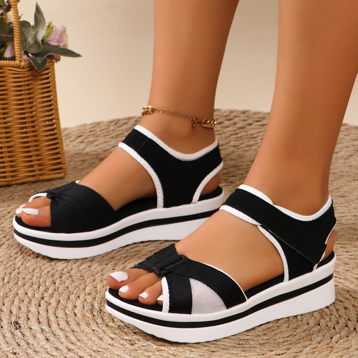 Cross-border trade large-sized sandals for women, Spring 2025 new style European and American wedge heel Roman Velcro women's shoes, size 43 full figure