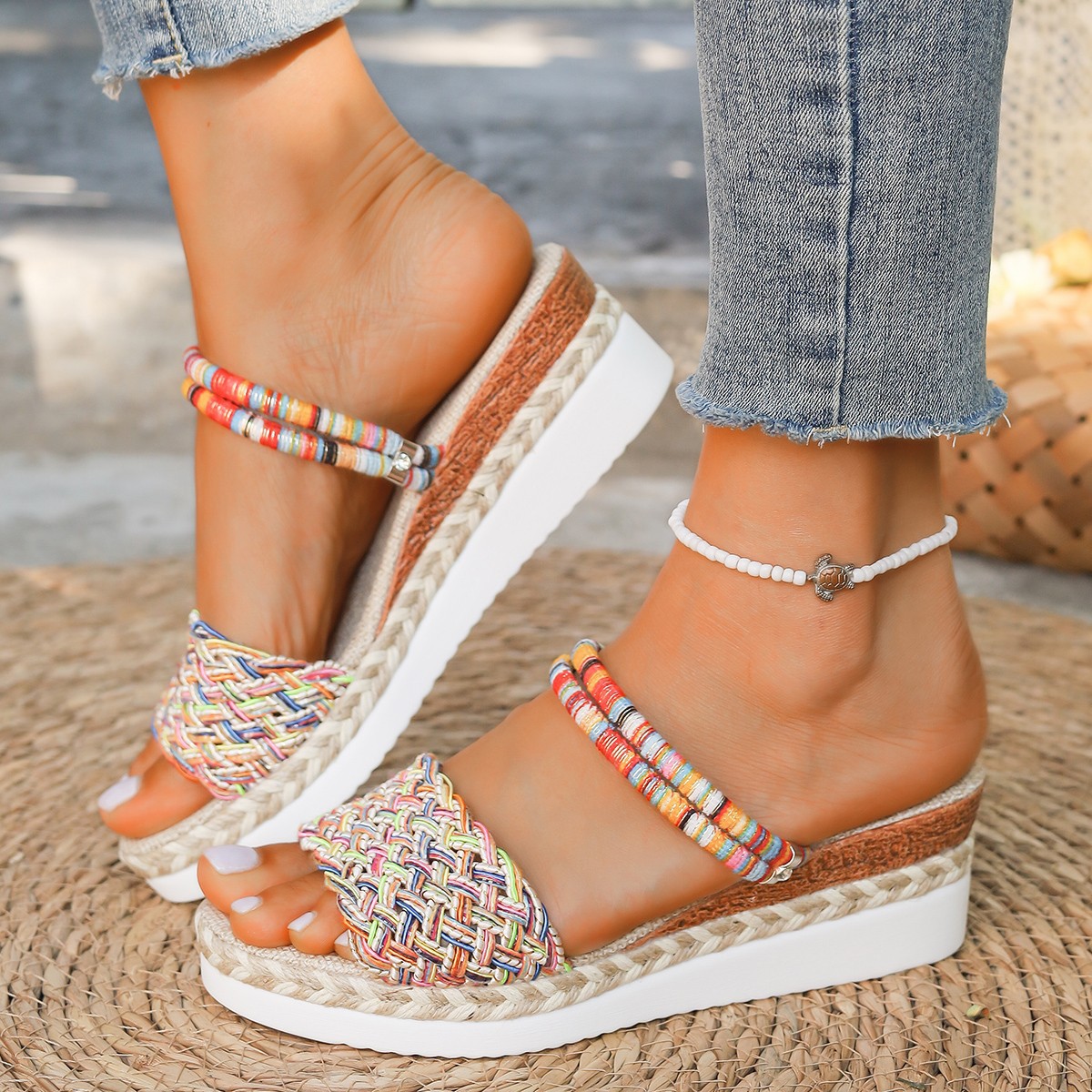 2025 New ethnic style export large-sized women's thick-soled fish-mouth one-line with hemp rope, colorful two-wear slippers full figure