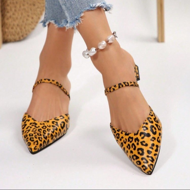 Suede leopard print pointed-toe high heels for women, Spring 2025 new style, paired with skirts, two-in-one chunky heel elegant headband sandals Specification drawing