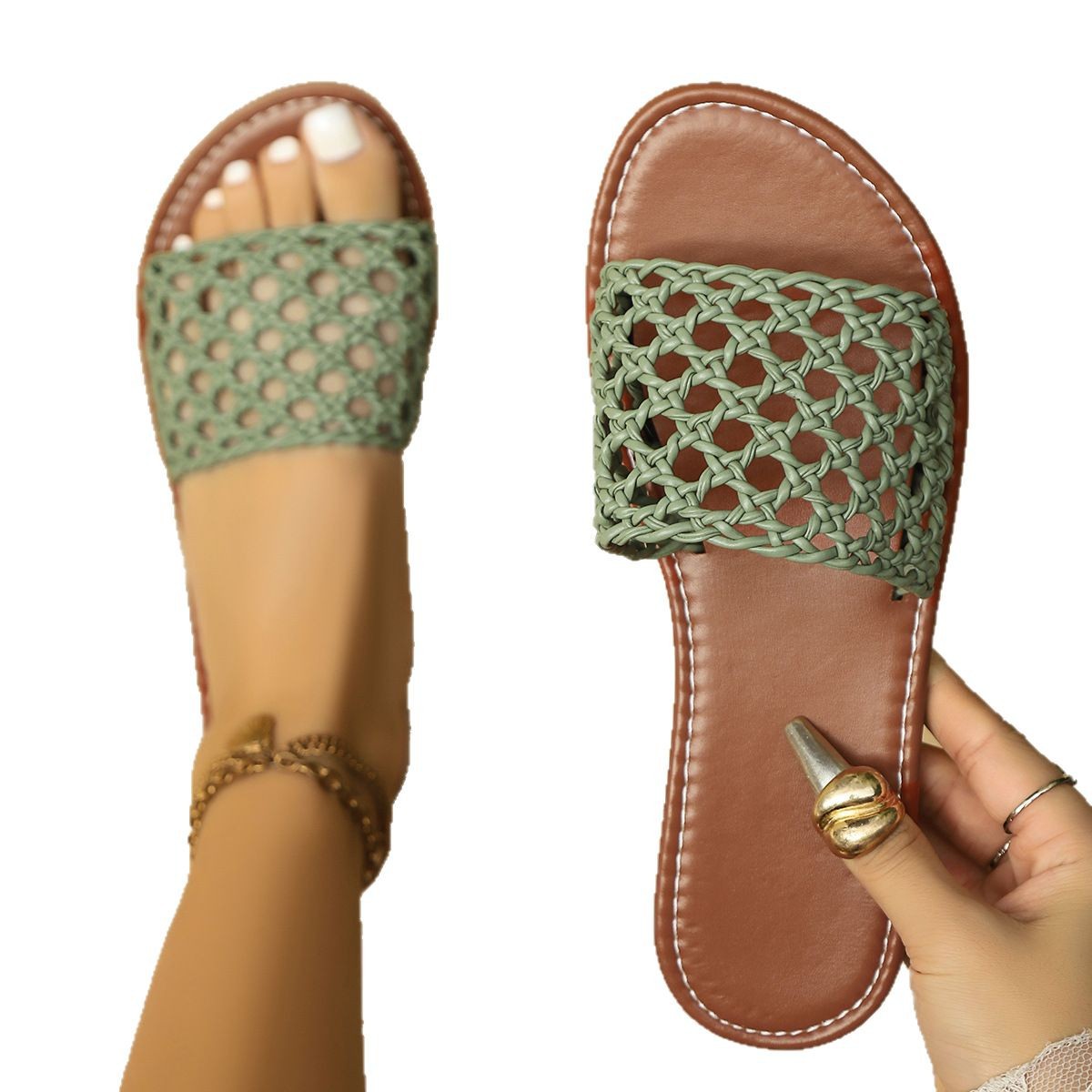 Cross-border trade large size 2025 Summer new simple and casual woven hollowed-out flat women's flat breathable slippers Item Picture