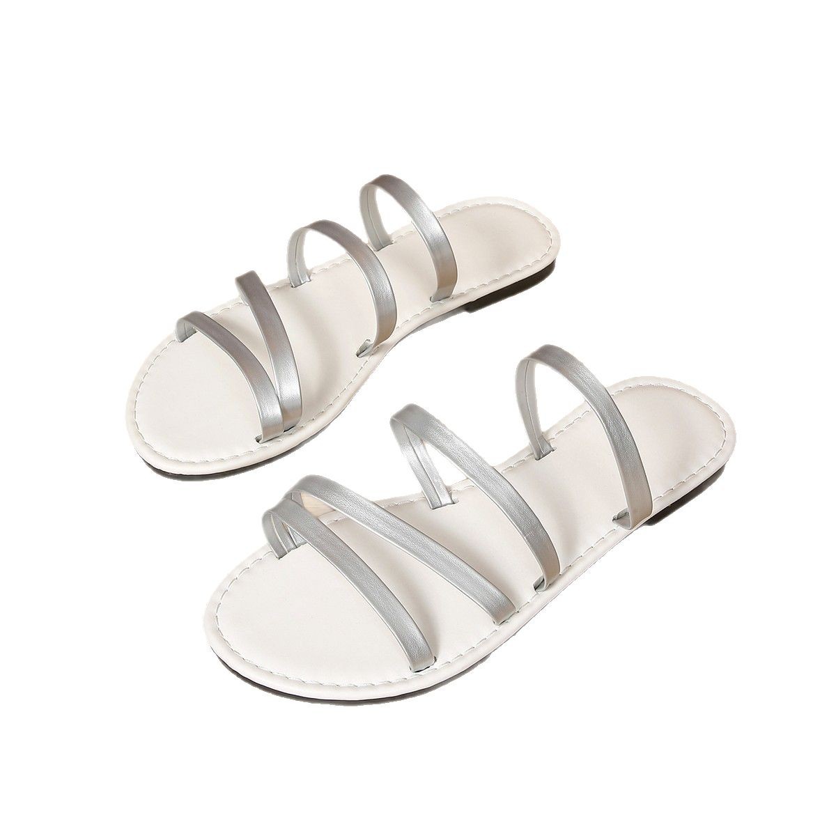 Slippers Women 2025 New Style Women's shoes Summer Korean version round toe Exposed toe one-line slippers Women's flat flat outerwear slippers Item Picture