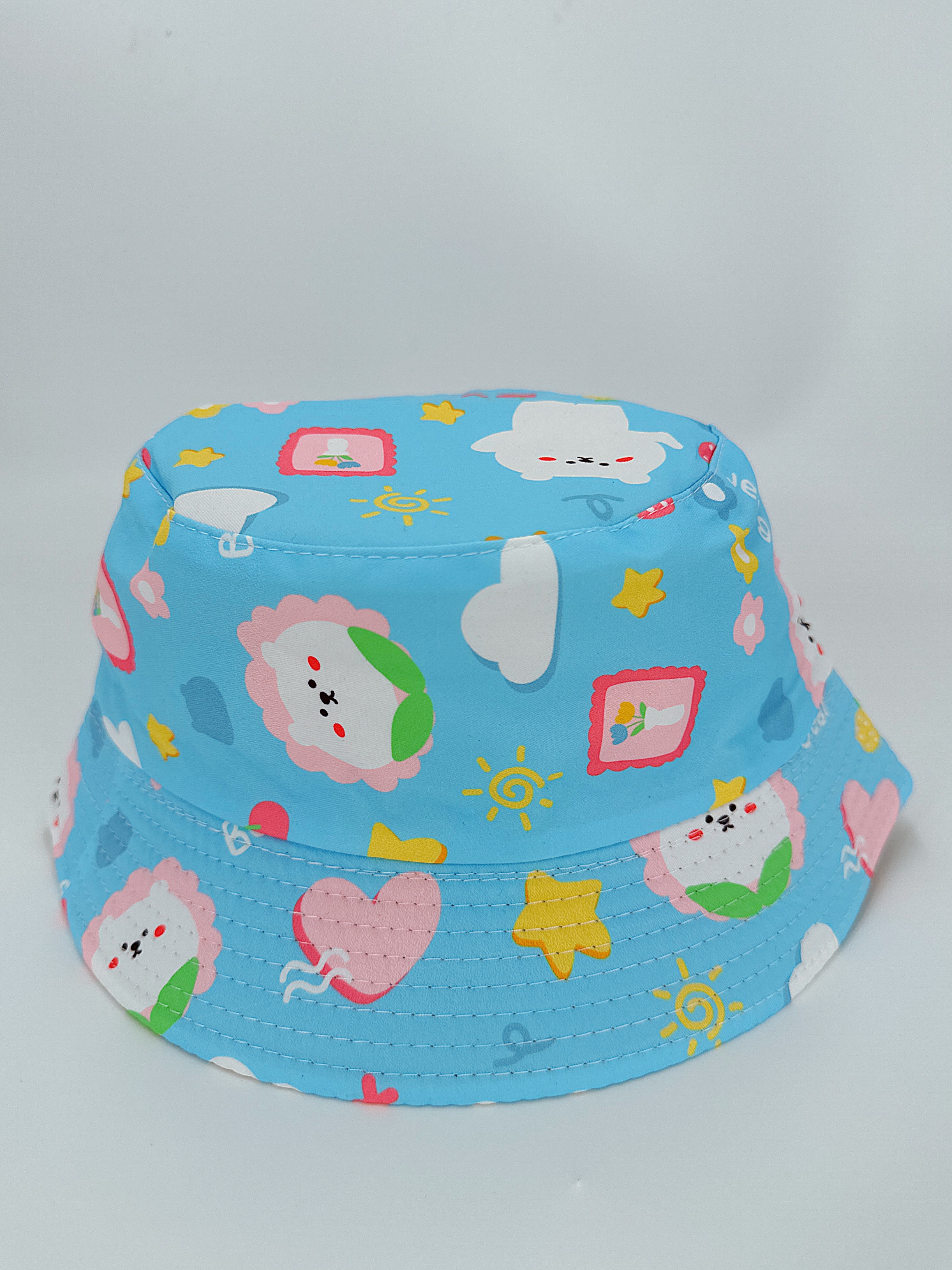 New spring and summer style Little Bear cherry multi-print double-sided fisherman's hat, cute cartoon, versatile, outdoor sun protection and sun protection, foldable for easy carrying, unisply-style, pier circumference 54CM fisherman's hat Specification drawing