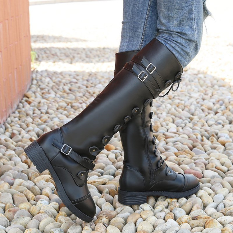 2020 new round toe high-top knight boots with belt opening decoration, low-heeled women's leather boots, large size 40-43 in stock Specification drawing