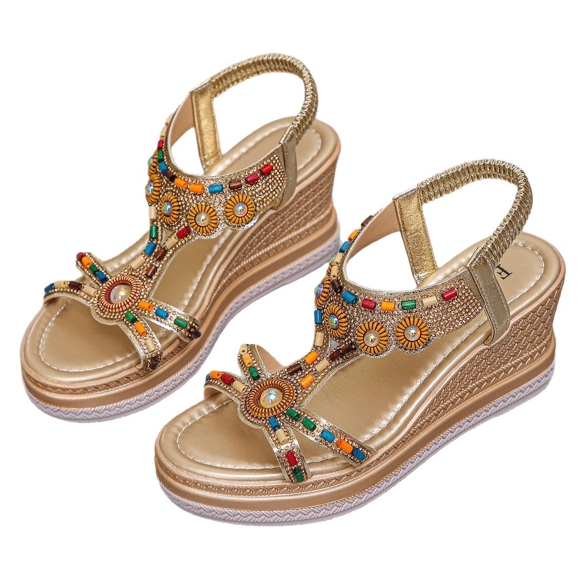 Wedge heel sandals, summer 2025 Roman sandals, retro rhinestone elastic band thick-soled height-increasing lightweight sandals for women Item Picture