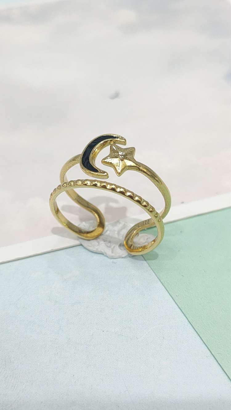 不锈钢材质滴胶星月戒指潮流 精致流行钛钢立体可调节戒指 女士饰品优雅大气 独特设计时尚时尚饰品
