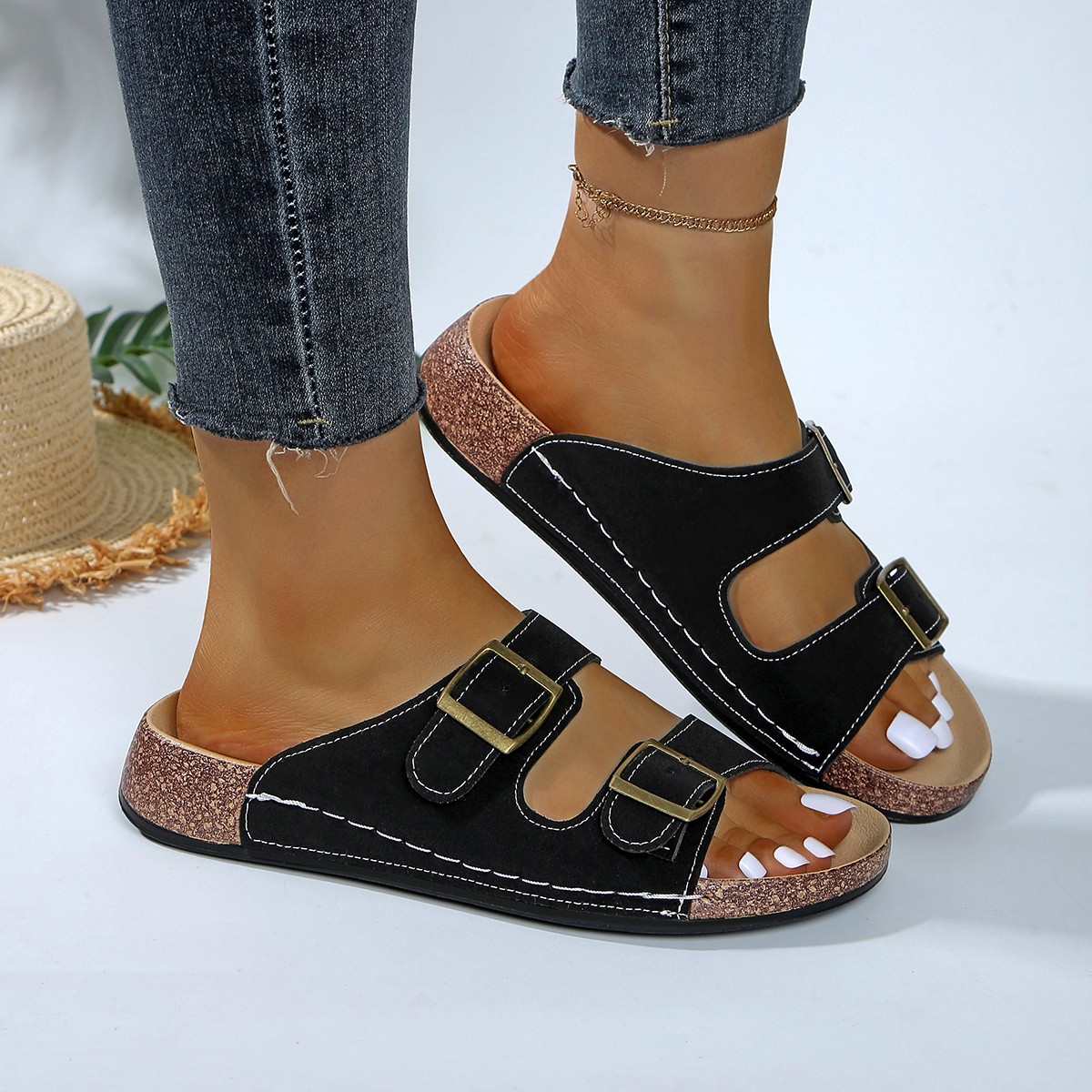 Couple's flip-flops, retro belt buckle thick-soled Birken slippers for women, 2025 summer outdoor casual cork cool slippers details Picture