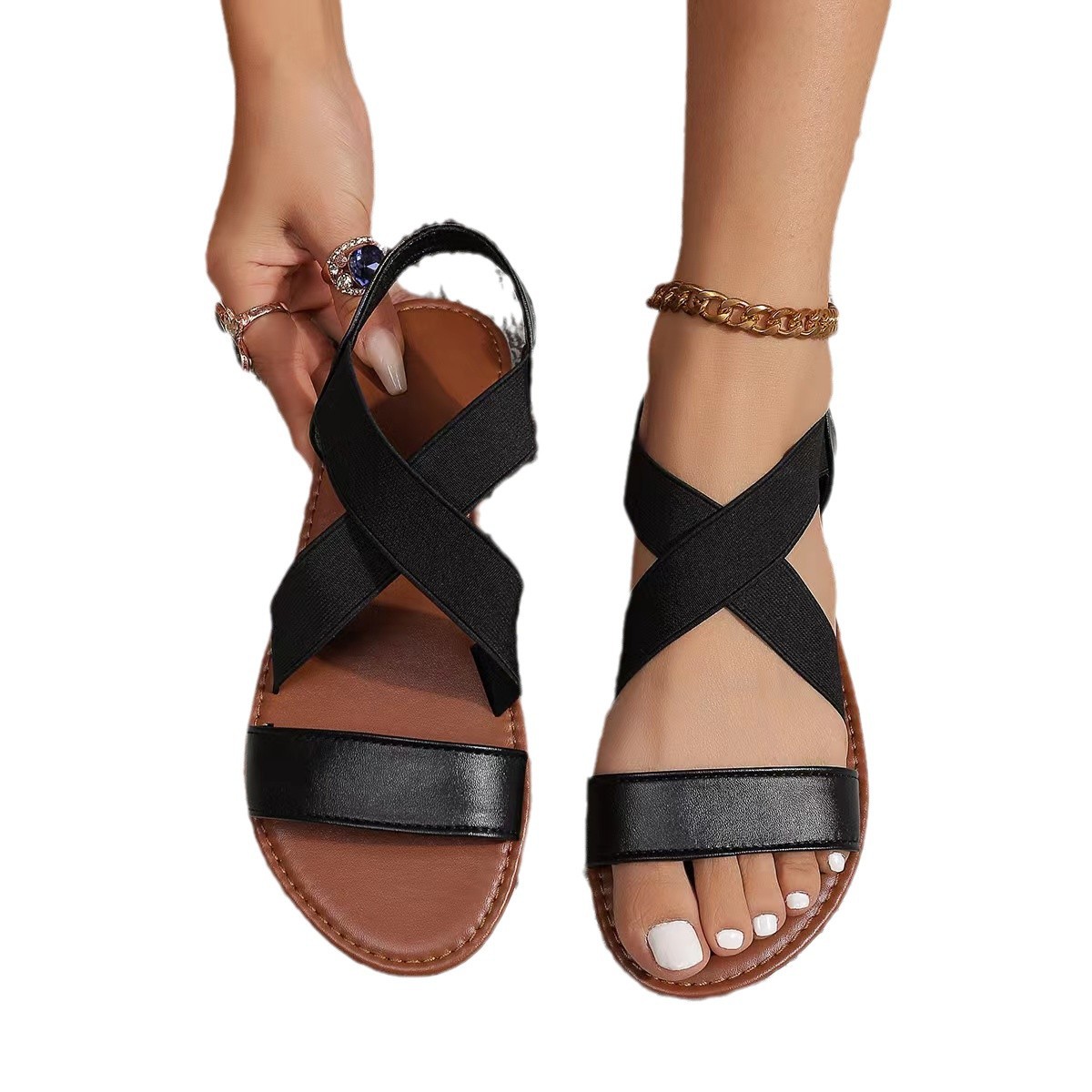 Bohemian shoes Cross-border 2024 Summer new one-piece flat cross elastic sandals and large-sized beach shoes Item Picture