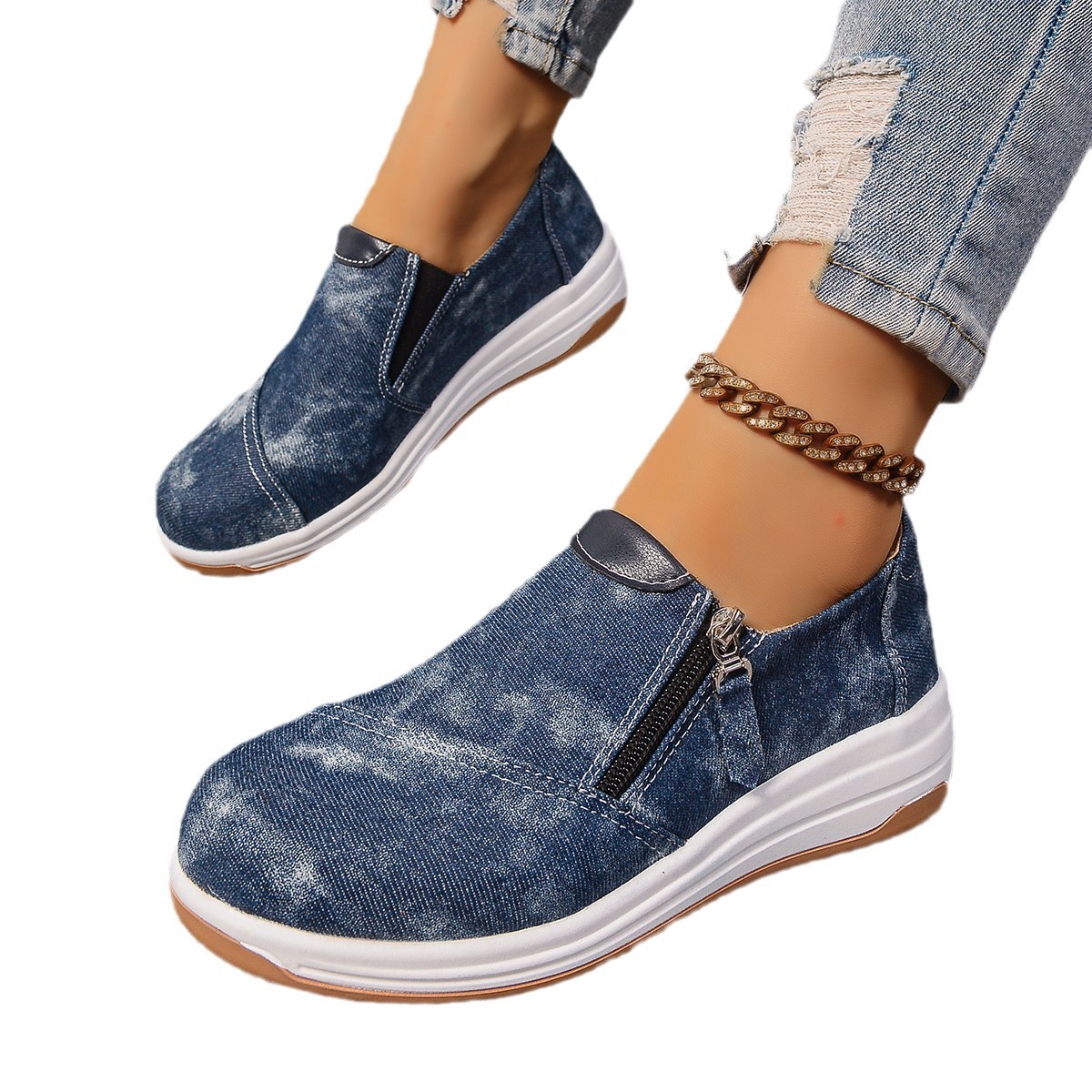 Cross-border plus-size casual single-shoe women's Spring/Autumn 2024 new denim single-shoe women wearing beans Item Picture