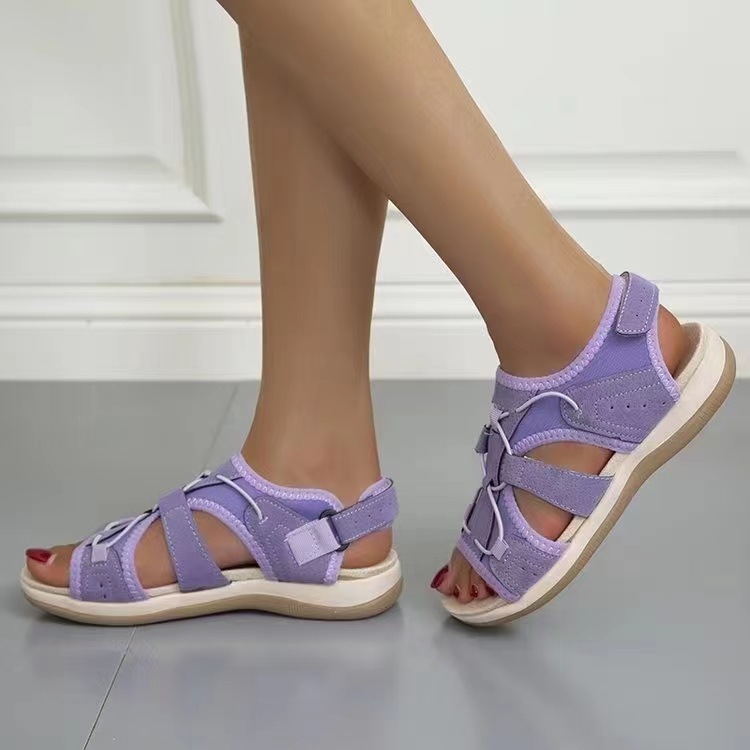2023 New style Roman thick-soled European and American sandals, round head Velcro retro one-piece large size beach solid color sandals for women full figure