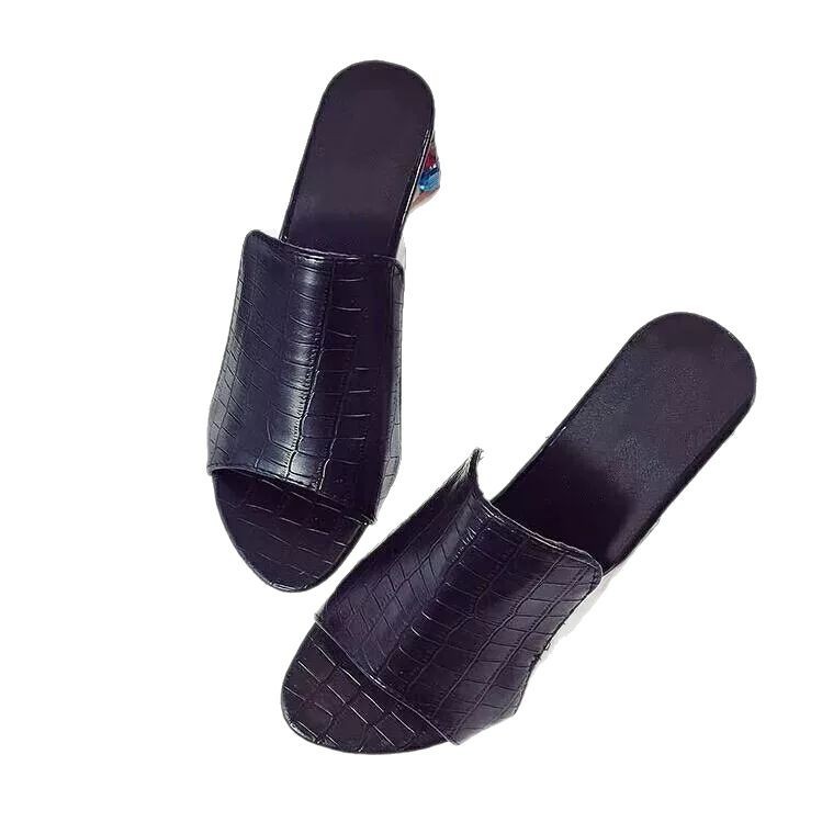 Summer new style sandals for foreign trade: Women's mid-heel, fish-mouth water diamond, European and American fashion, large-sized, thick-heel, patterned flip-flops 41 Item Picture