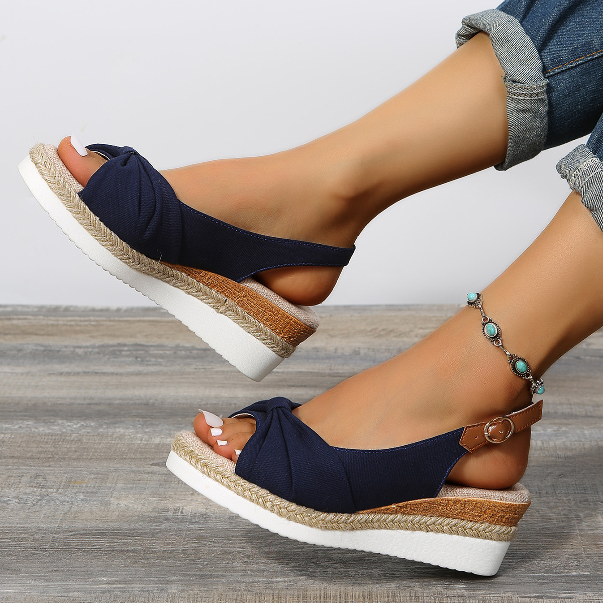 Aliexpress Spring/Summer 2023 export large size 42 thick-soled hemp rope bow one-shoulder buckle sandals, wedge heel sandals for women full figure