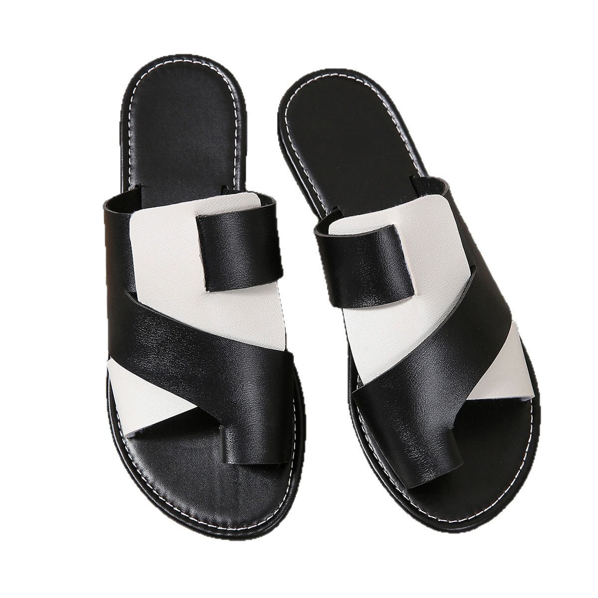 Casual flat-bottomed large-sized cross-border slippers for women 2025 new style, color-blocked toe one-word black and white export fish-mouth shoes Item Picture